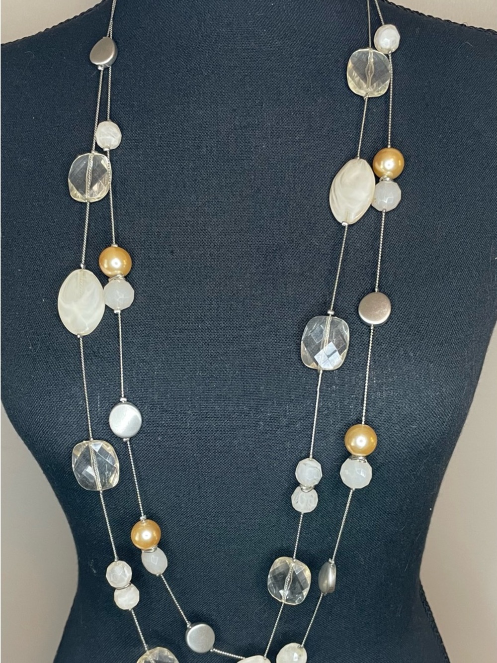 New York & Company Multi-Strand Clear Crystal, White Shell & Gold Pearl Necklace